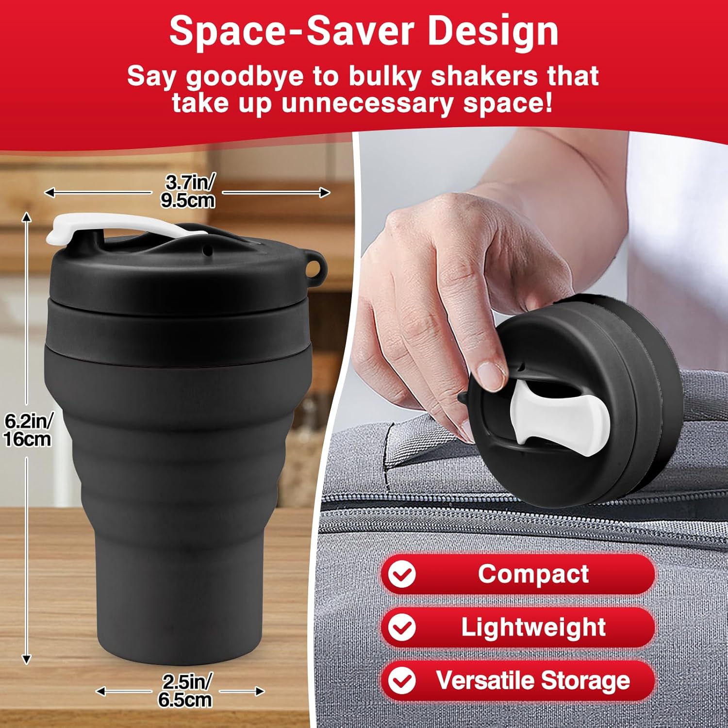 Collapsible Protein Shaker & Water Bottle Food-Grade, Leakproof Lid 600mL/20oz Shaker Cup - Reusable Silicone Shaker Cups for Protein Shakes with Mixing Ball for Gym-goers & Travelers - Image 2
