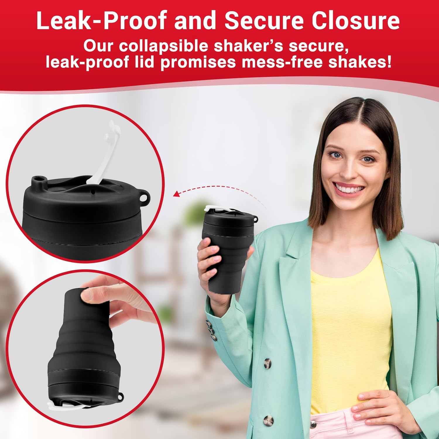 Collapsible Protein Shaker & Water Bottle Food-Grade, Leakproof Lid 600mL/20oz Shaker Cup - Reusable Silicone Shaker Cups for Protein Shakes with Mixing Ball for Gym-goers & Travelers - Image 3