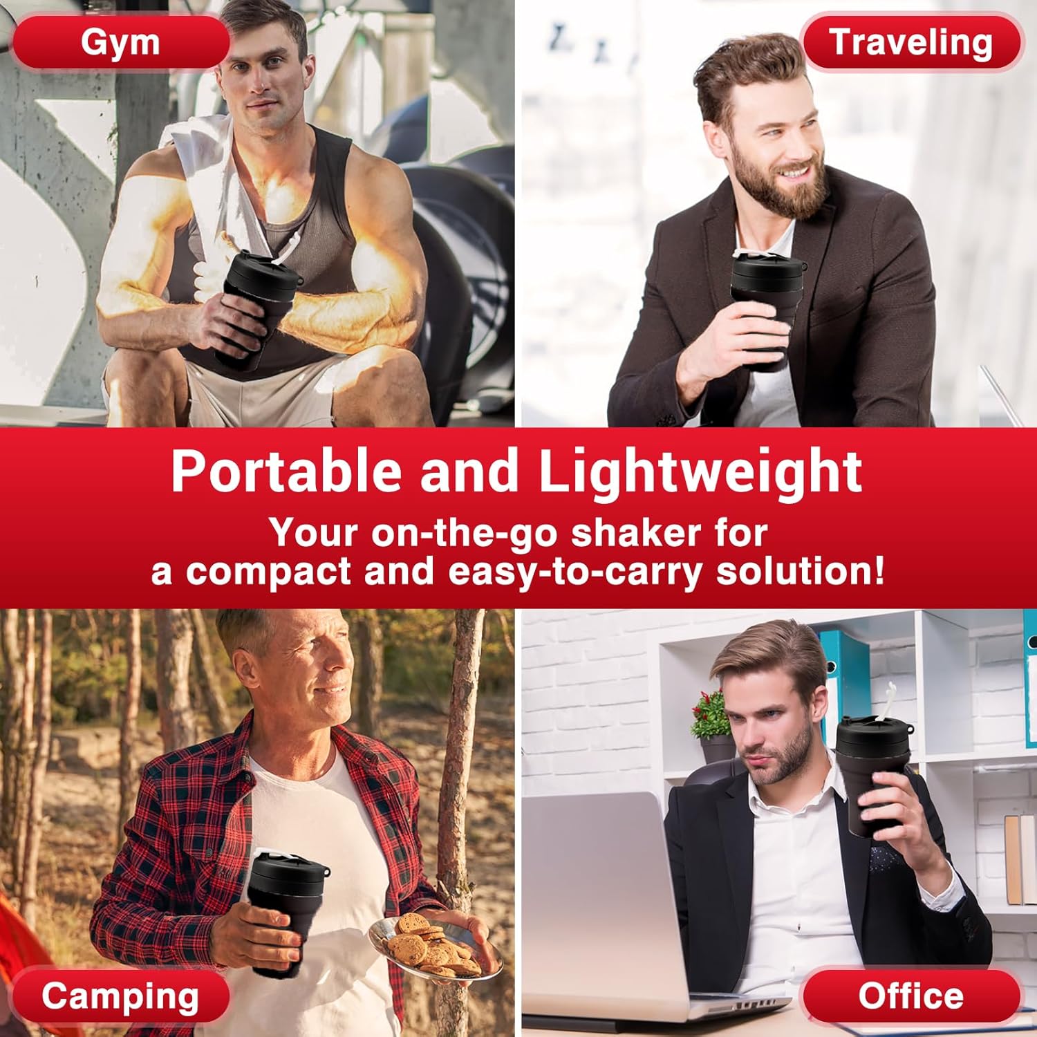 Collapsible Protein Shaker & Water Bottle Food-Grade, Leakproof Lid 600mL/20oz Shaker Cup - Reusable Silicone Shaker Cups for Protein Shakes with Mixing Ball for Gym-goers & Travelers - Image 6