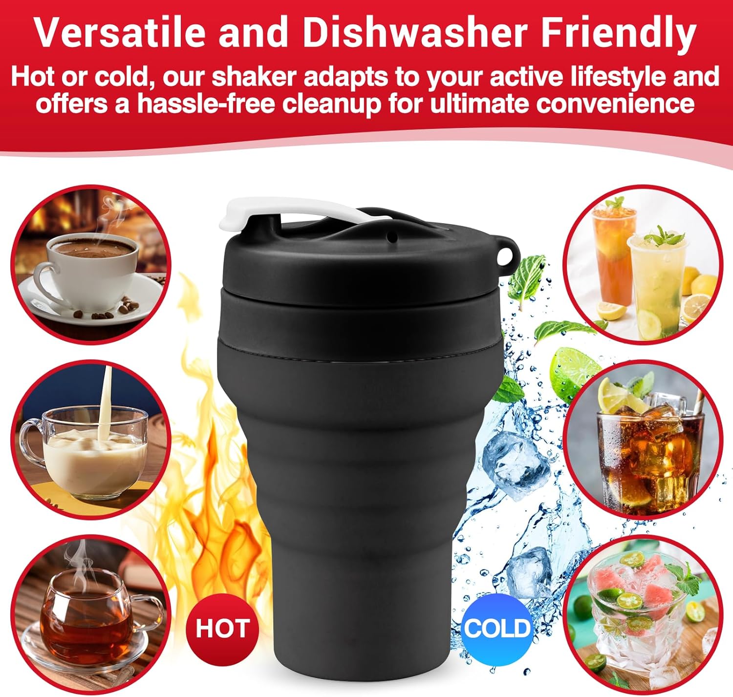 Collapsible Protein Shaker & Water Bottle Food-Grade, Leakproof Lid 600mL/20oz Shaker Cup - Reusable Silicone Shaker Cups for Protein Shakes with Mixing Ball for Gym-goers & Travelers - Image 7