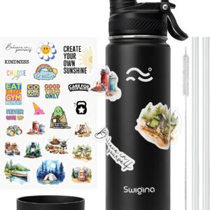 Swigina Insulated Water Bottle with Silicone Boot (36hrs Cold/18hrs Hot) - DIY Stickers, Leakproof, BPA Free, Black, 24 oz [2-IN-1 LID]
